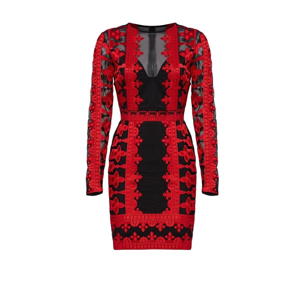 Red & Black Embroidered Lace-Panel Midi Dress